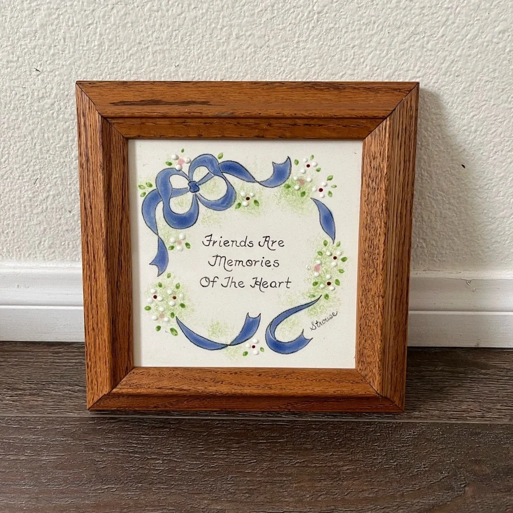 Wooden Framed Ceramic Wall Art with Blue Accents 9/9 Inch